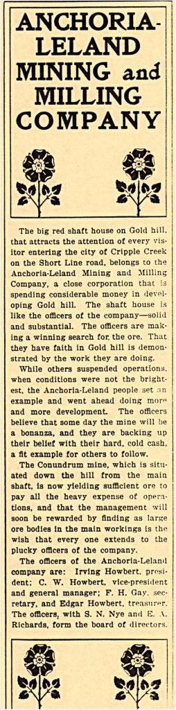 Historia de la Anchoria-Leland Mining and Milling Company. Colorado, USA. Finales del siglo XIX.