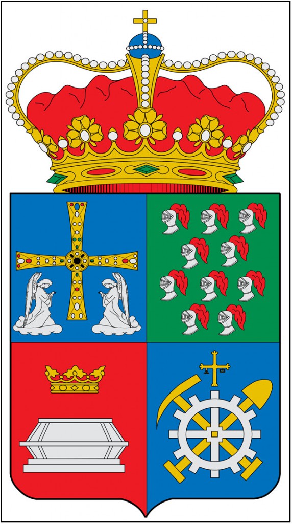 Escudo, con diversos motivos mineros, del municipio asturiano de San Mart&iacute;n del Rey Aurelio, en Asturias, Espa&ntilde;a.