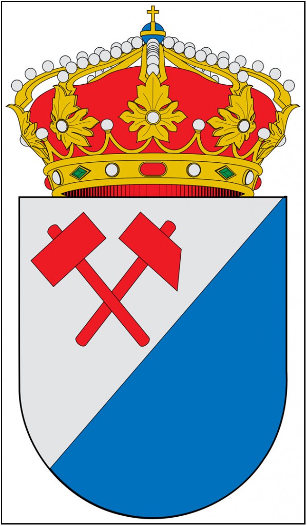 Escudo, con diversos motivos mineros, del municipio leon&eacute;s de Carucedo, en Le&oacute;n, Espa&ntilde;a.