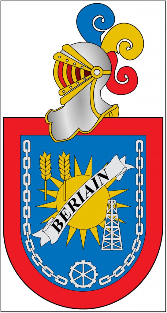 Escudo, con diversos motivos mineros, del municipio de Beri&aacute;in, Navarra, Espa&ntilde;a.
