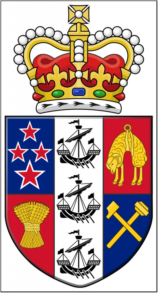 Escudo, con diversos motivos mineros, de la naci&oacute;n de Nueva Zelanda.