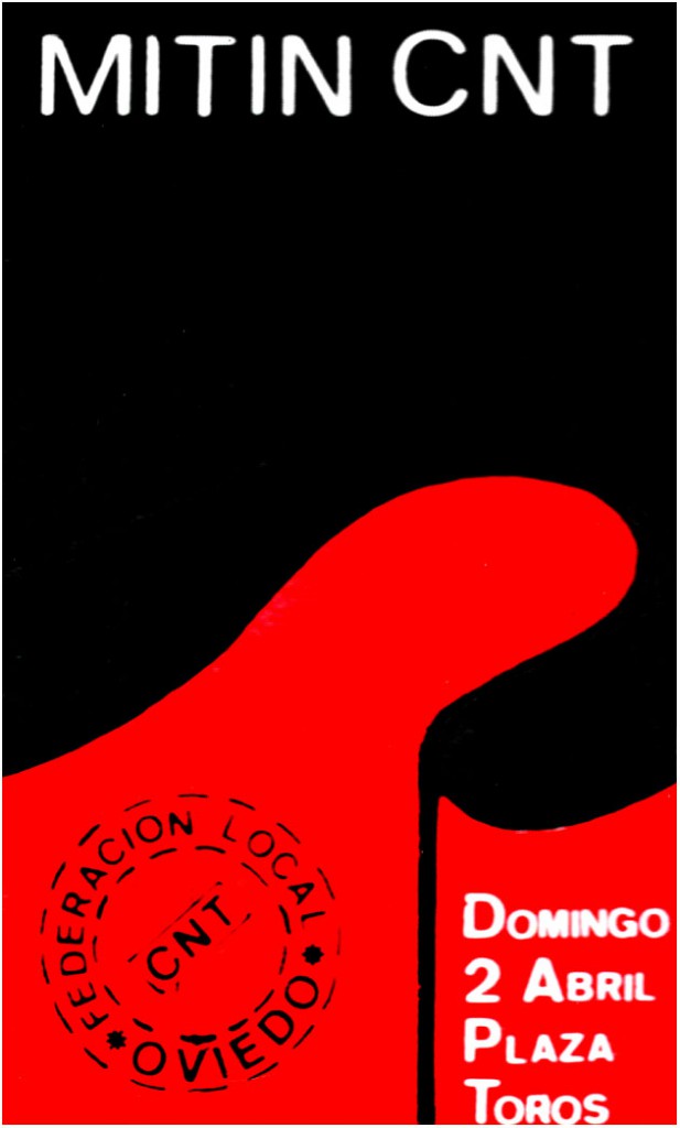 Pegatina relativa a un mit&iacute;n del sindicato CNT. A&ntilde;os 80.