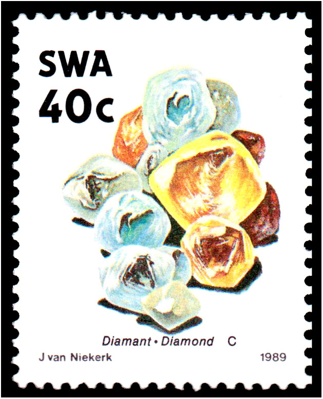 caricia Sábana Ernest Shackleton Archivo Historico Minero | Sello de Namibia, mostrando varios diamantes.  Año 1989.