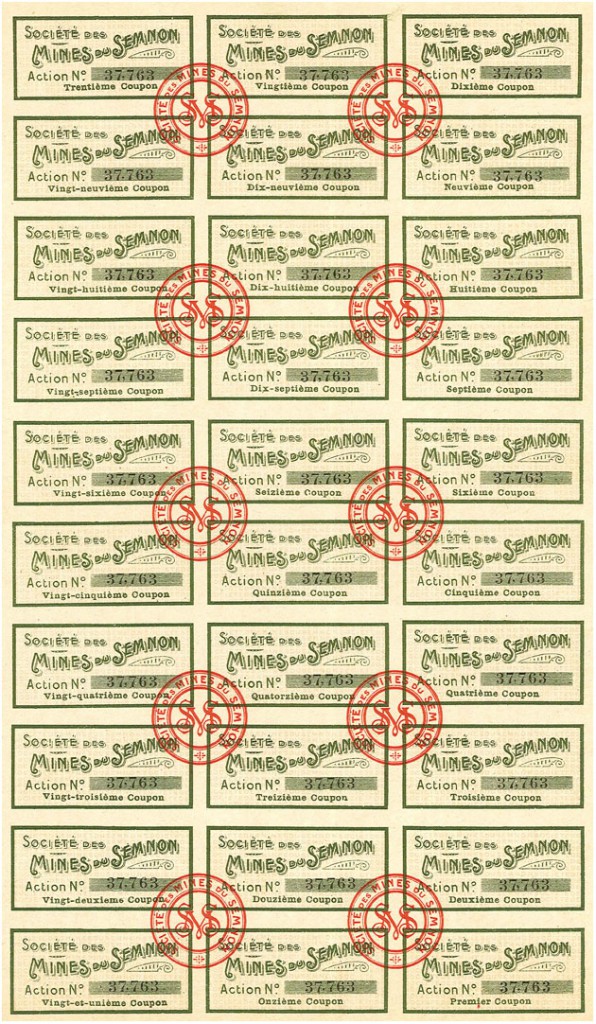 Acciones mineras de la Soci&eacute;t&eacute; des Mines du Semnon, Par&iacute;s, Francia. A&ntilde;o 1910.