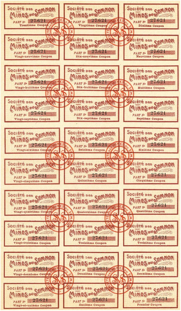 Acciones mineras de la Soci&eacute;t&eacute; des Mines du Semnon, Par&iacute;s, Francia. A&ntilde;o 1910.