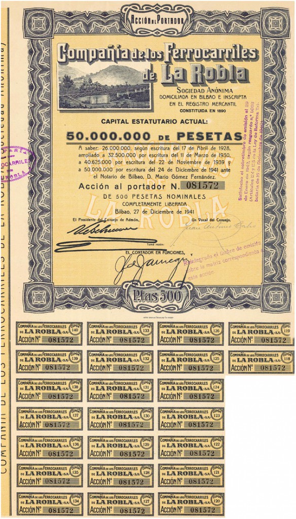 Acciones de la Compa&ntilde;ia de Ferrocarriles de La Robla, domiciliada en Bilbao. A&ntilde;o 1941.