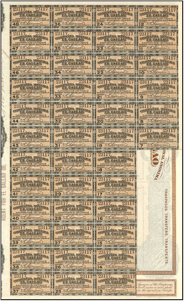 Acciones mineras de la Compa&ntilde;ia Minera Nacional An&oacute;nima El Callao, Ciudad Bol&iacute;var, Venezuela. A&ntilde;o 1887.