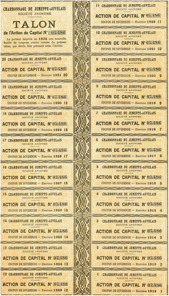 Acciones mineras de la Charbonnage de Jemeppe-Auvelais, Bruselas, B&eacute;lgica. A&ntilde;o 1910.