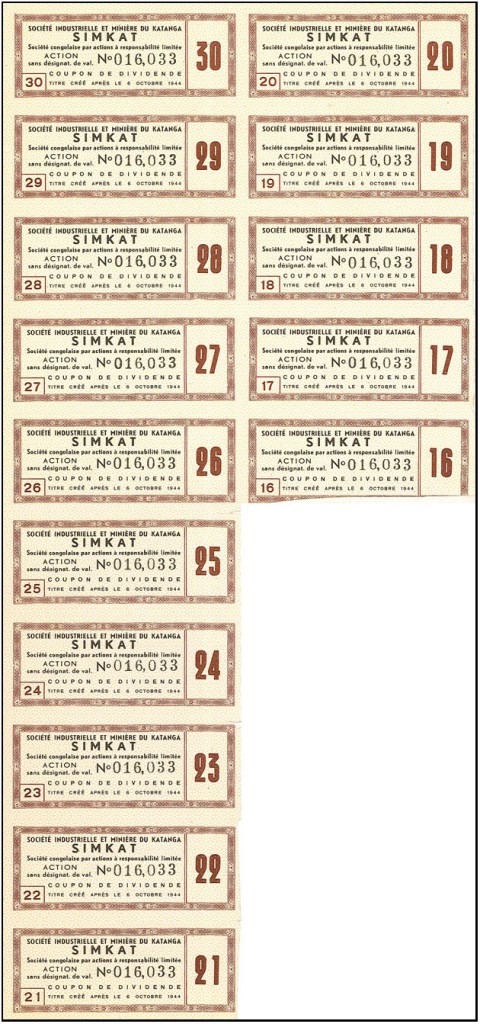 Acciones mineras de la Soci&eacute;t&eacute; Industrielle et Mini&egrave;re du Katanga, Elisabethville, Congo Belga, actual Rep&uacute;blica Democr&aacute;tica del Congo. A&ntilde;o 1951