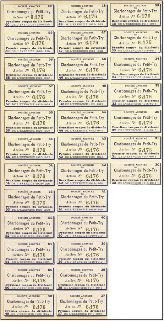Acciones mineras de la Soci&eacute;t&eacute; Anonyme des Charbonnages du Petit-Try, Charleroi, B&eacute;lgica. A&ntilde;o 1900.