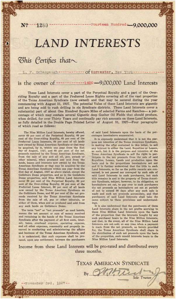 Acci&oacute;n de la Texas American Syndicate, Texas, USA. A&ntilde;o 1927.