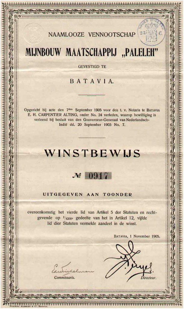 Acci&oacute;n minera de la Mijnbouw Maatschappij ''Paleleh'', Boeal, Tolitoli, C&eacute;lebes, Indonesia. A&ntilde;o 1905.