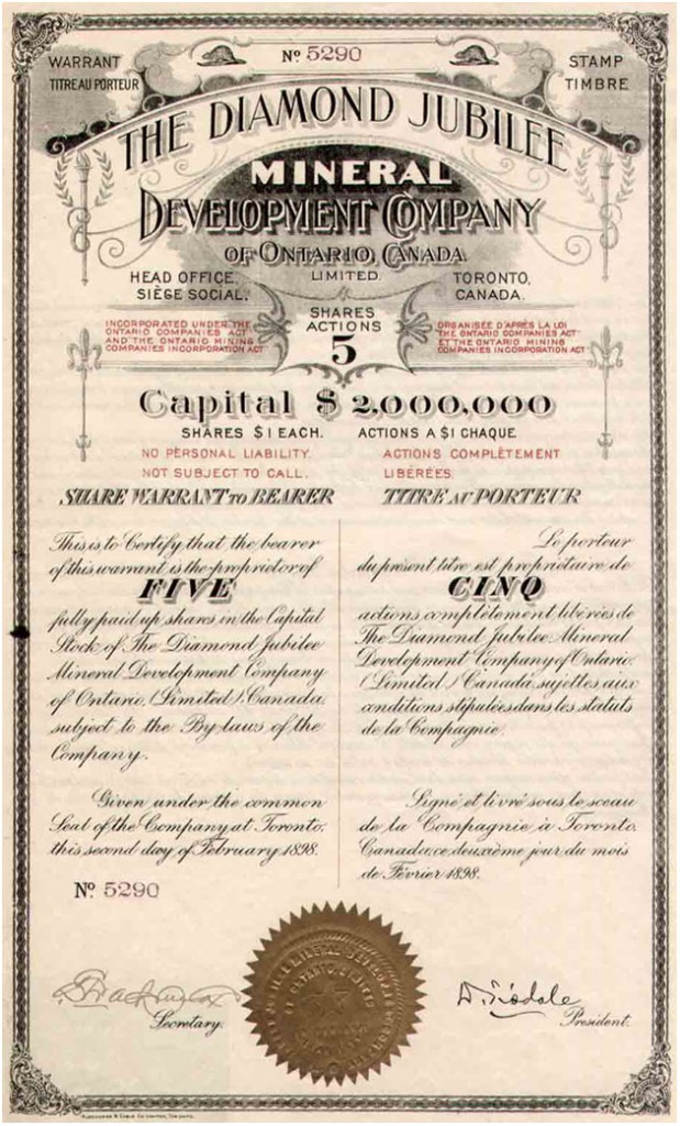 Acci&oacute;n minera de la Diamond Jubilee Mineral Development Company of Ontario, Toronto, Ontario, Canad&aacute;. A&ntilde;o 1898.