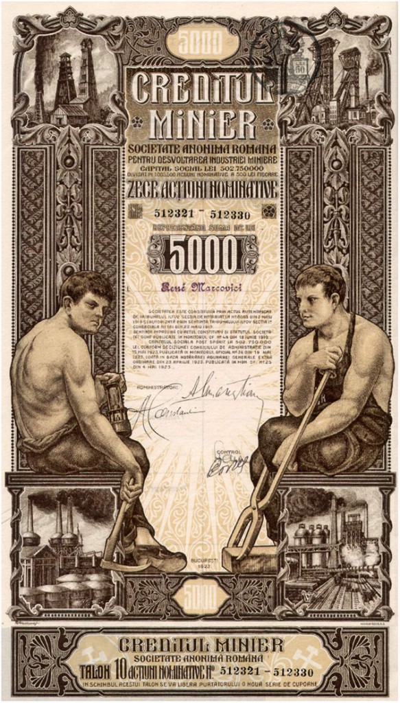 Acci&oacute;n minera de la Creditul Minier Societate Anonima Romana, Bucarest, Ruman&iacute;a. A&ntilde;o 1923.