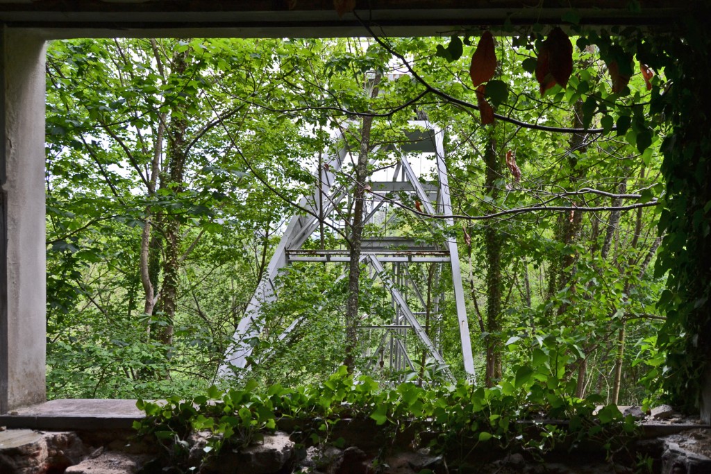 Castillete entre la maleza, visto desde la casa de máquinas, del pozo San Fernando. Orillés. Aller. Asturias 2015