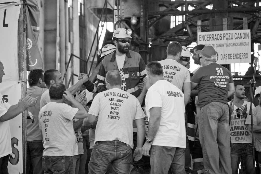 Salida de los mineros encerrados en el Pozo  Candin durante 50 días. Langreo. Asturias, 16 de Julio de 2012.