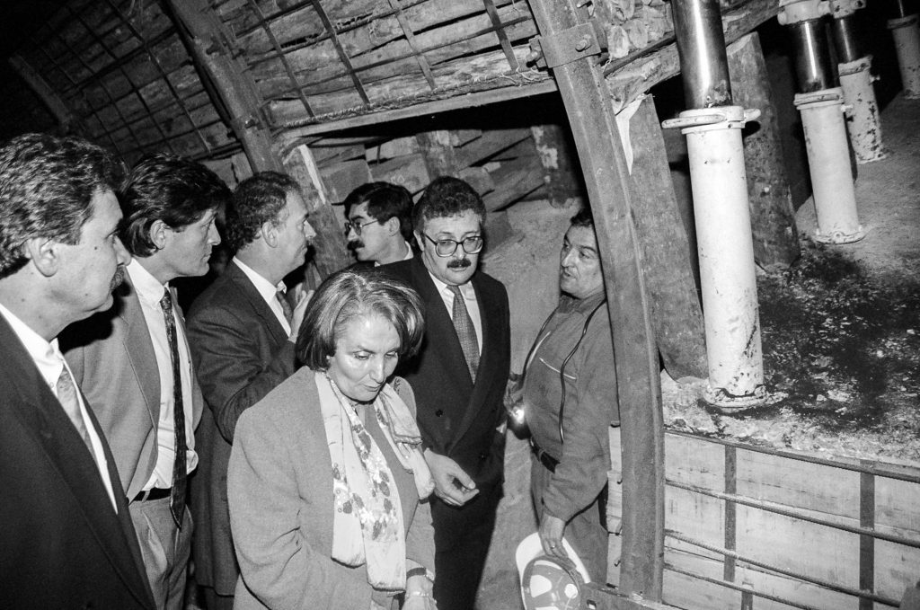 Visita de autoridades a la Mina Imagen, el día de la inauguración del Museo de La minería y la Industria de Asturias. El Entrego. San Martín del Rey Aurelio. Abril 1994