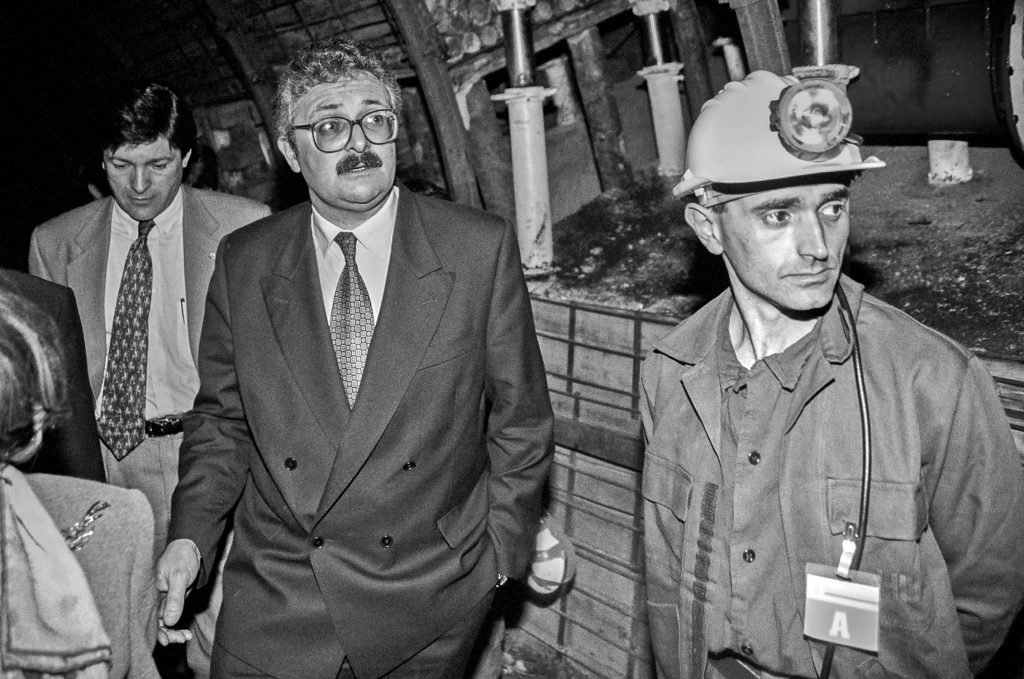 Visita de autoridades a la Mina Imagen, el día de la inauguración del Museo de La minería y la Industria de Asturias. El Entrego. San Martín del Rey Aurelio. Abril 1994