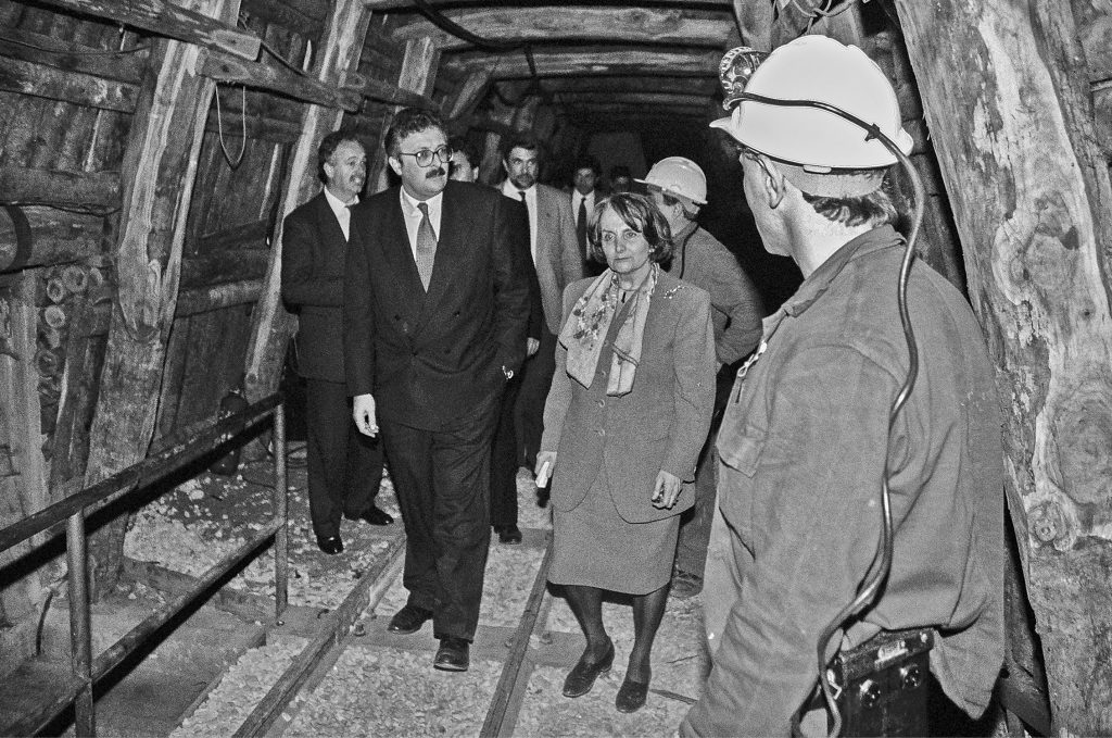 Visita de autoridades a la Mina Imagen, el día de la inauguración del Museo de La minería y la Industria de Asturias. El Entrego. San Martín del Rey Aurelio. Abril 1994