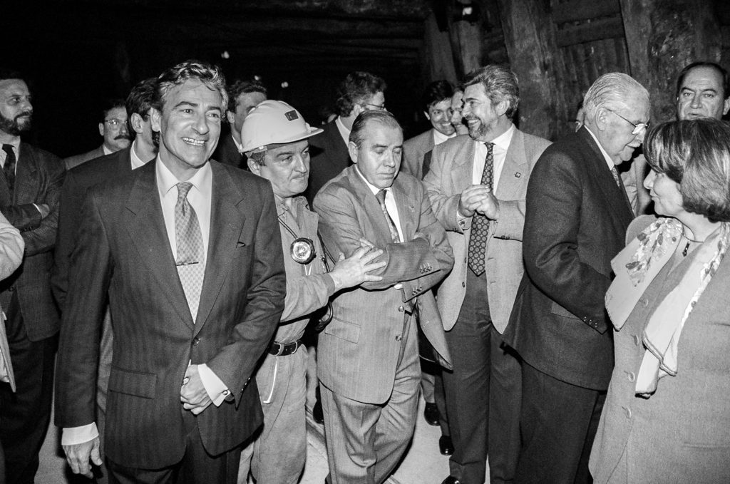 Visita de autoridades a la Mina Imagen, el día de la inauguración del Museo de La minería y la Industria de Asturias. El Entrego. San Martín del Rey Aurelio. Abril 1994