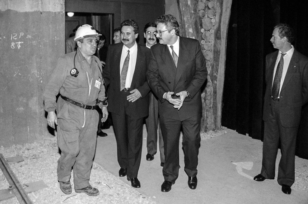 Visita de autoridades a la Mina Imagen, el día de la inauguración del Museo de La minería y la Industria de Asturias. El Entrego. San Martín del Rey Aurelio. Abril 1994