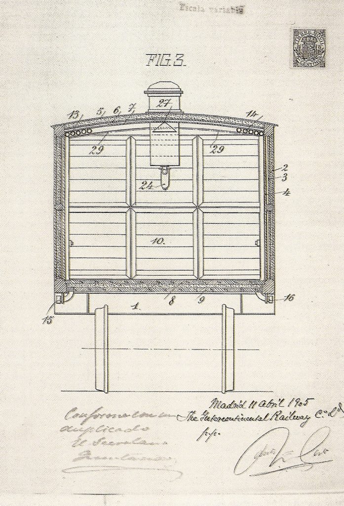 Patente nº 35.855 de la compañía The Intercontinental Railway Company Limited, por un vagón aerotérmico. Año 1905