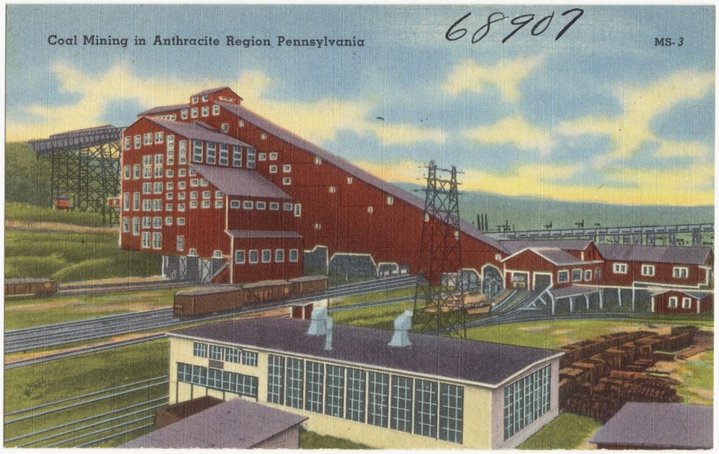 Postal de la minería del carbón en la Coal Region de Pensilvania. Estados Unidos. 1930