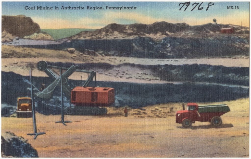Postal de la minería del carbón en la Region minera de Pensilvania. Estados Unidos. 1930