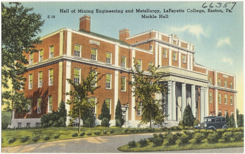 Postal del edificio Markle de Ingeniería de Minas y Metalurgia del LaFayette College en Easton. Pensilvania. Estados Unidos. 1930