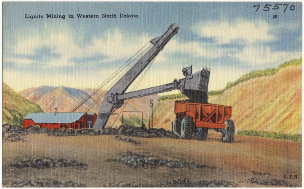 Postal de la minería de lignito en el oeste de Dakota del Norte. Estados Unidos. 1930