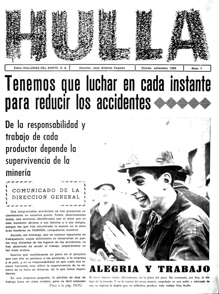 Portada del nº 1 de la revista Hulla, publicada por HUNOSA. Asturias. Septiembre de 1969