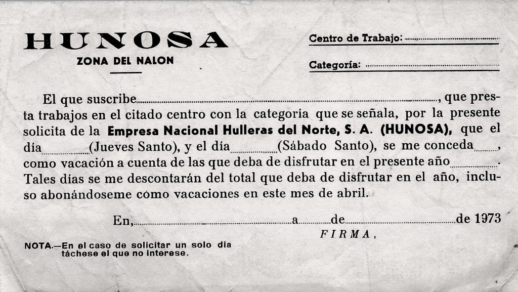 Boletín para solicitar descansos en Semana Santa en HUNOSA. Langreo. Asturias 1973