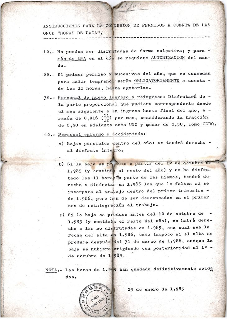 Instrucciones para la concesión de 11 horas de paga. Pozo María Luisa. Langreo. Asturias 1985