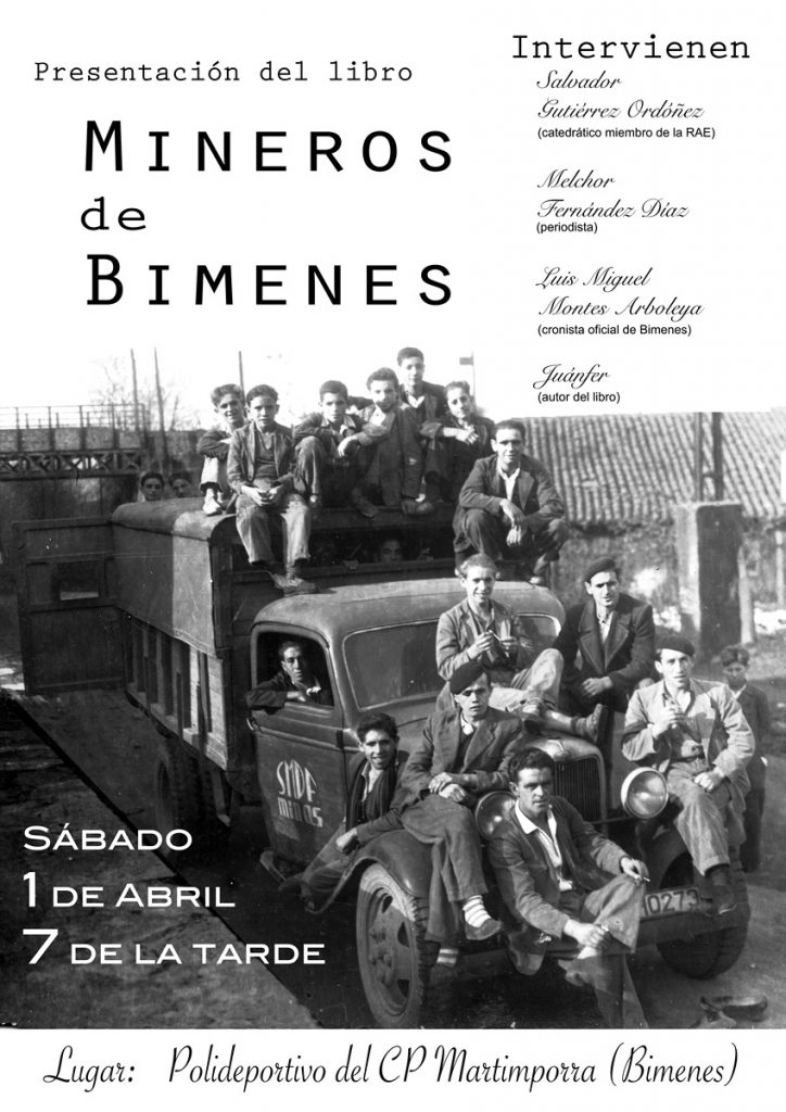 Cartel de la presentación del libro “Mineros de Bimenes”. Martimporra, Bimenes. Abril de 2017