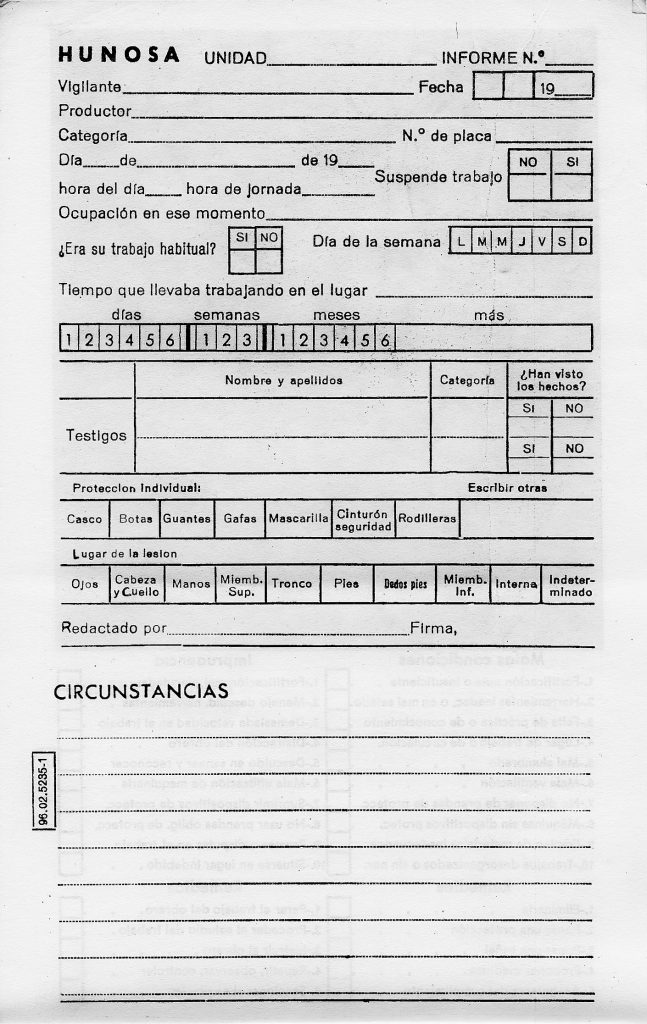 Parte de accidentes usado por los vigilantes de Hunosa. Asturias