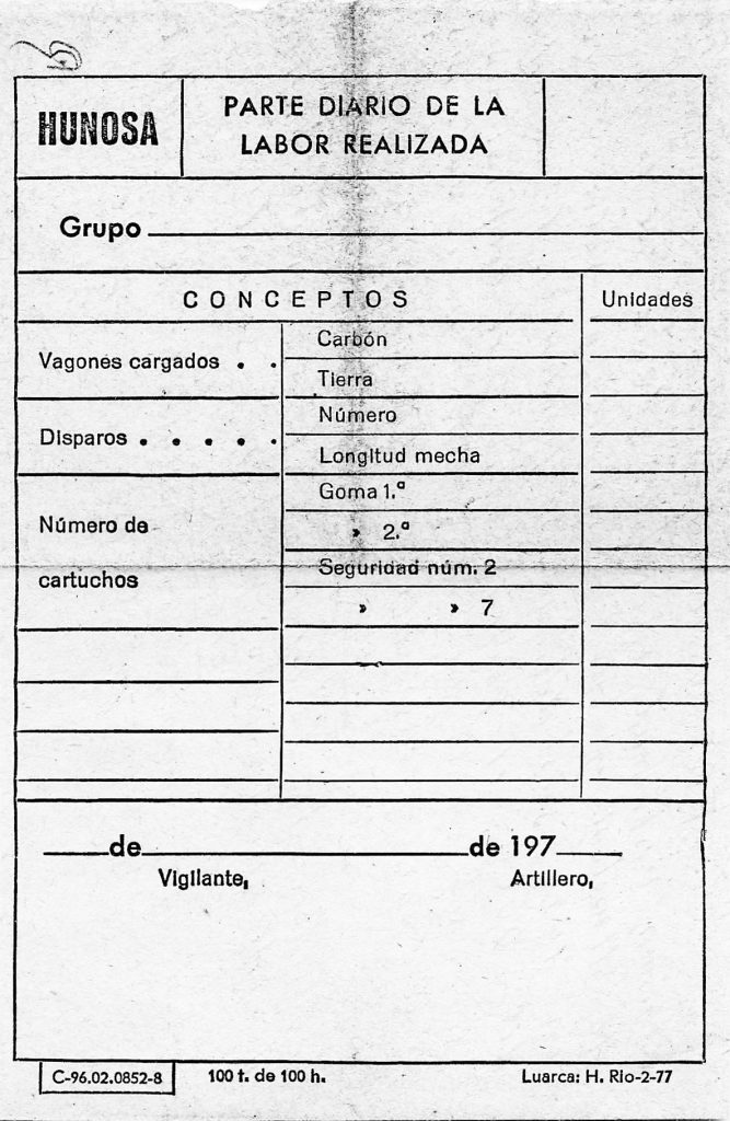Parte diario de labor realizada. Pozo María Luisa. Langreo. Asturias. Década de 1970