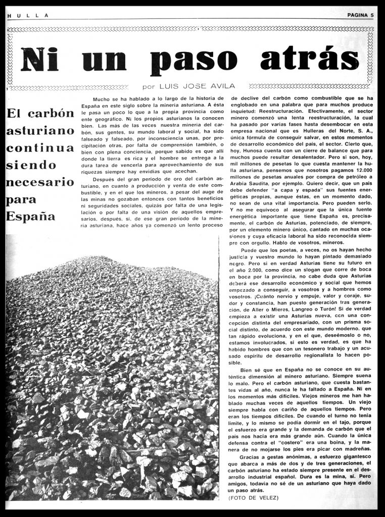 Artículo Ni un paso atrás, de Luis José Ávila. Revista Hulla. Asturias 1969