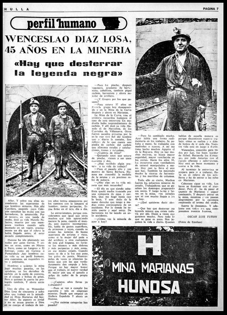 Artículo Wenceslao Diaz Losa. 45 años en la minería. Revista Hulla. Numero 1. Asturias 1969