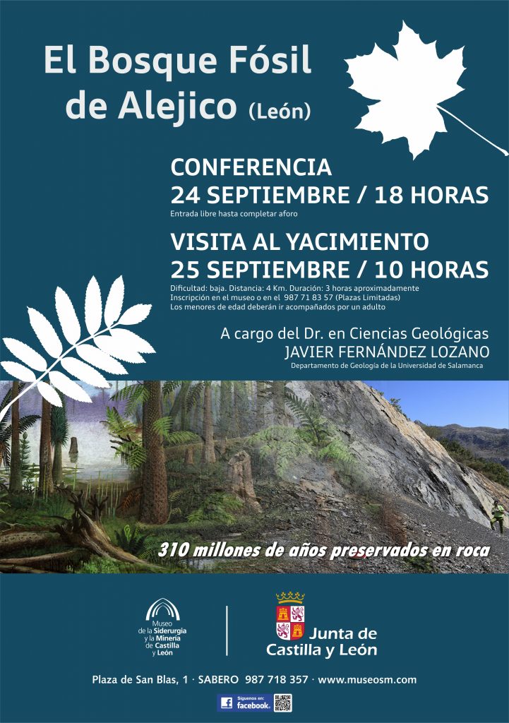 Cartel de la conferencia “El bosque Fósil de Alejico (León)” por Javier Fernández Lozano. Sabero. León. Septiembre de 2016