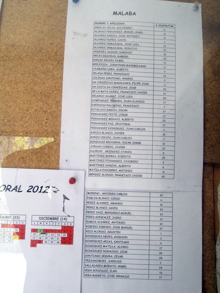 Detalle del tablón de anuncios con las últimas vacaciones. Pozo Malabá. Torre del Bierzo. León. 2017