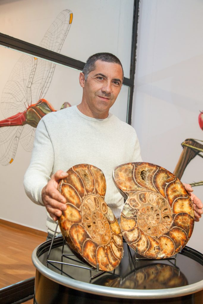 José Vicente Casado explicando una de sus piezas de la exposición “Fósiles, El Origen del Carbón”. Museo de la Siderurgia y la Minería de Castilla y León. Sabero. León. 2017