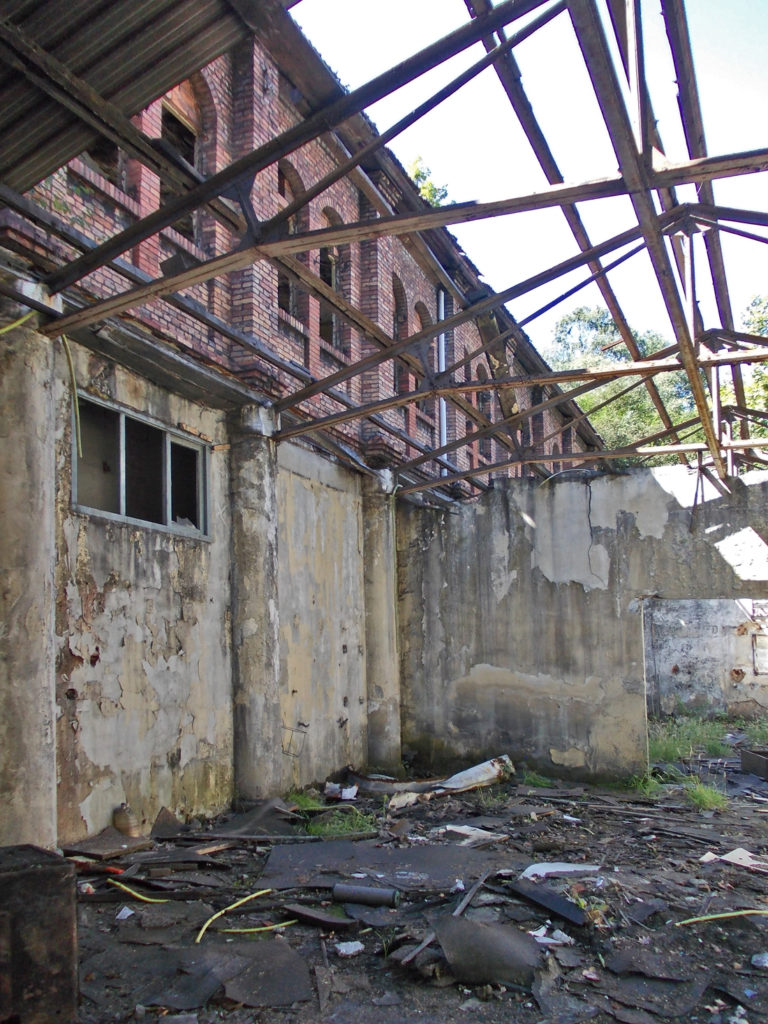 Vista interior de las ruinas del Centro de Formación Profesional de Hunosa II. Centro de Camellera. Langreo. Asturias. 2016.