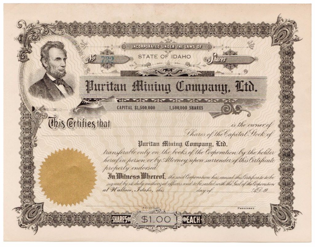 Acción minera Puritan Mining Company. Ltd. de Abraham Lincoln. Idaho. Estados Unidos. S.XX.