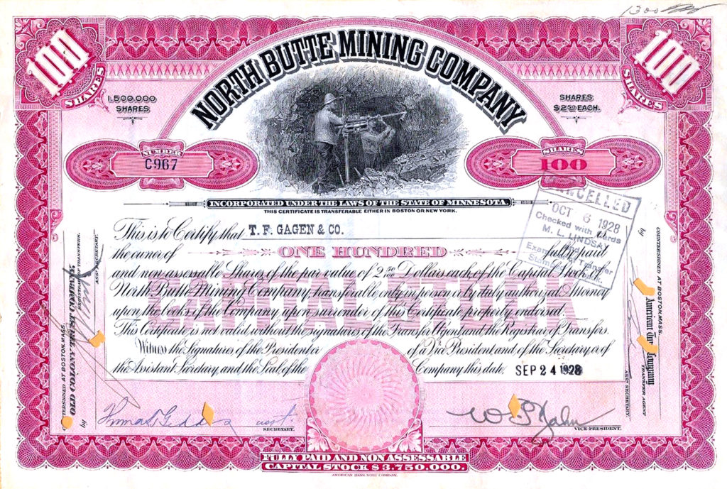 Acción minera de la North Butte Mining Company. Minnesota. USA. 1928.