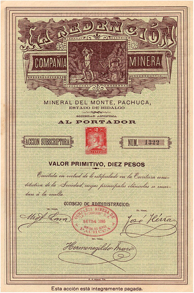 Acción minera de La Redención. Mineral del Monte. Pachuca. México. 1895.