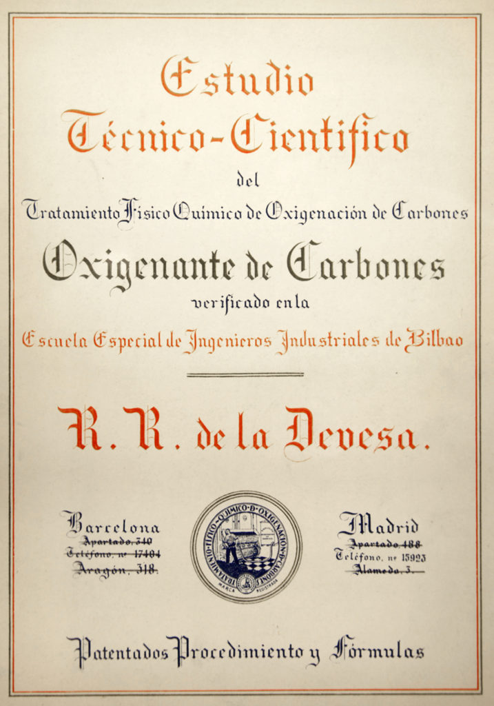 Portada del estudio técnico científico del tratamiento físico químico de oxigenación de carbones, de R. R de la Devesa 1933
