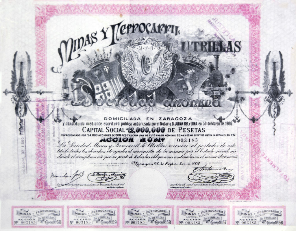 Acción Minera de las Minas y Ferrocarril de Utrillas. Teruel 1902