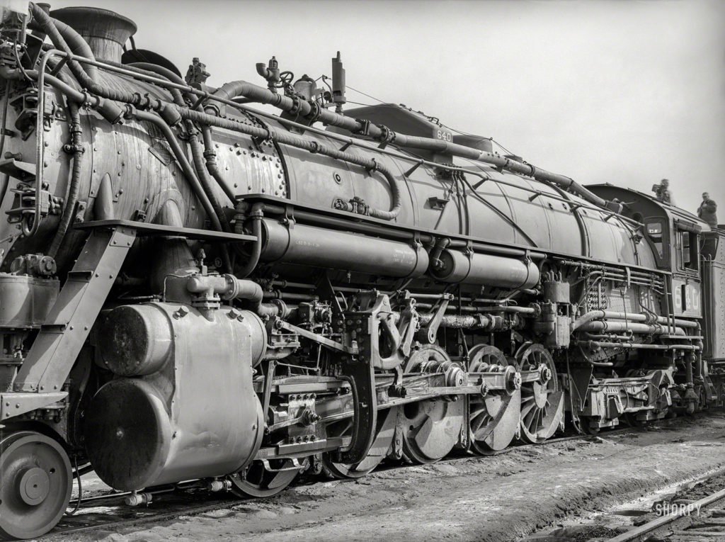 Detalle de la locomotora en el patio de Big Spring, Texas. Estados Unidos 1940.