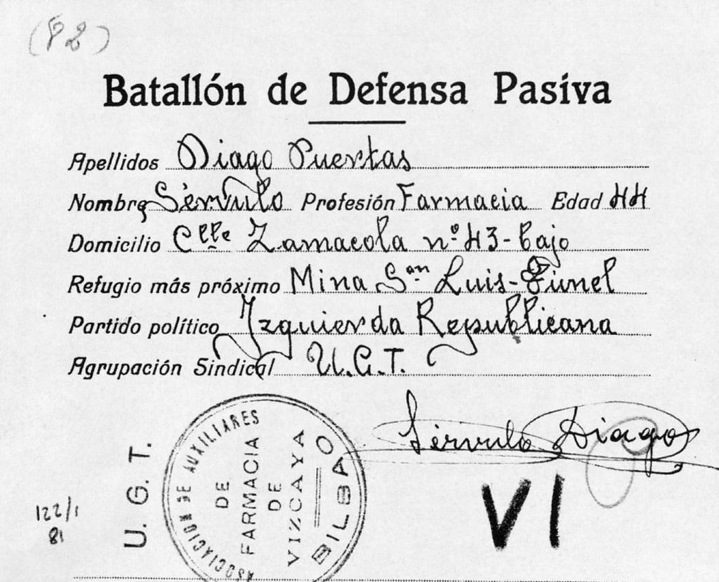 Documento de Serbulo Diago Puertas. Batallon de Defensa Pasiva. Izquierda Republicana. Mina San Luis. Bilbao. Refugio en Tunel. 1936