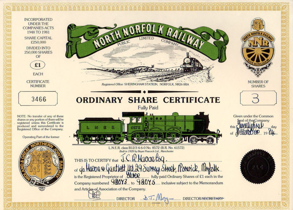 Acción Ferroviaria de North Norfolk Railway. Certificado número 3466. Manchester, Reino Unido. 21 de Diciembre de 1984.